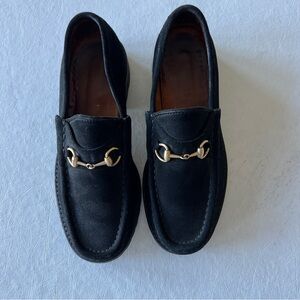 GUCCI Black Suede Loafers with Gold Horsebit Accent